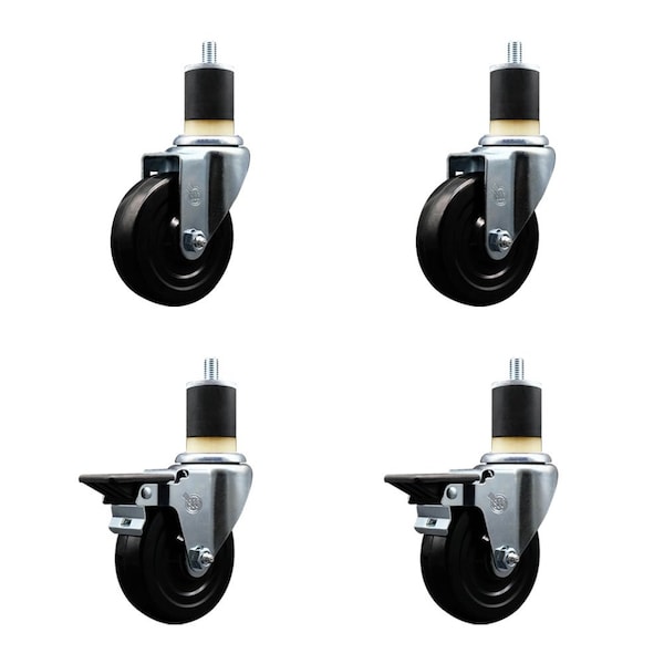 4'' Hard Rubber Wheel Swivel 1-7/8'' Expand Stem Caster Set 2 Brakes, 4PK